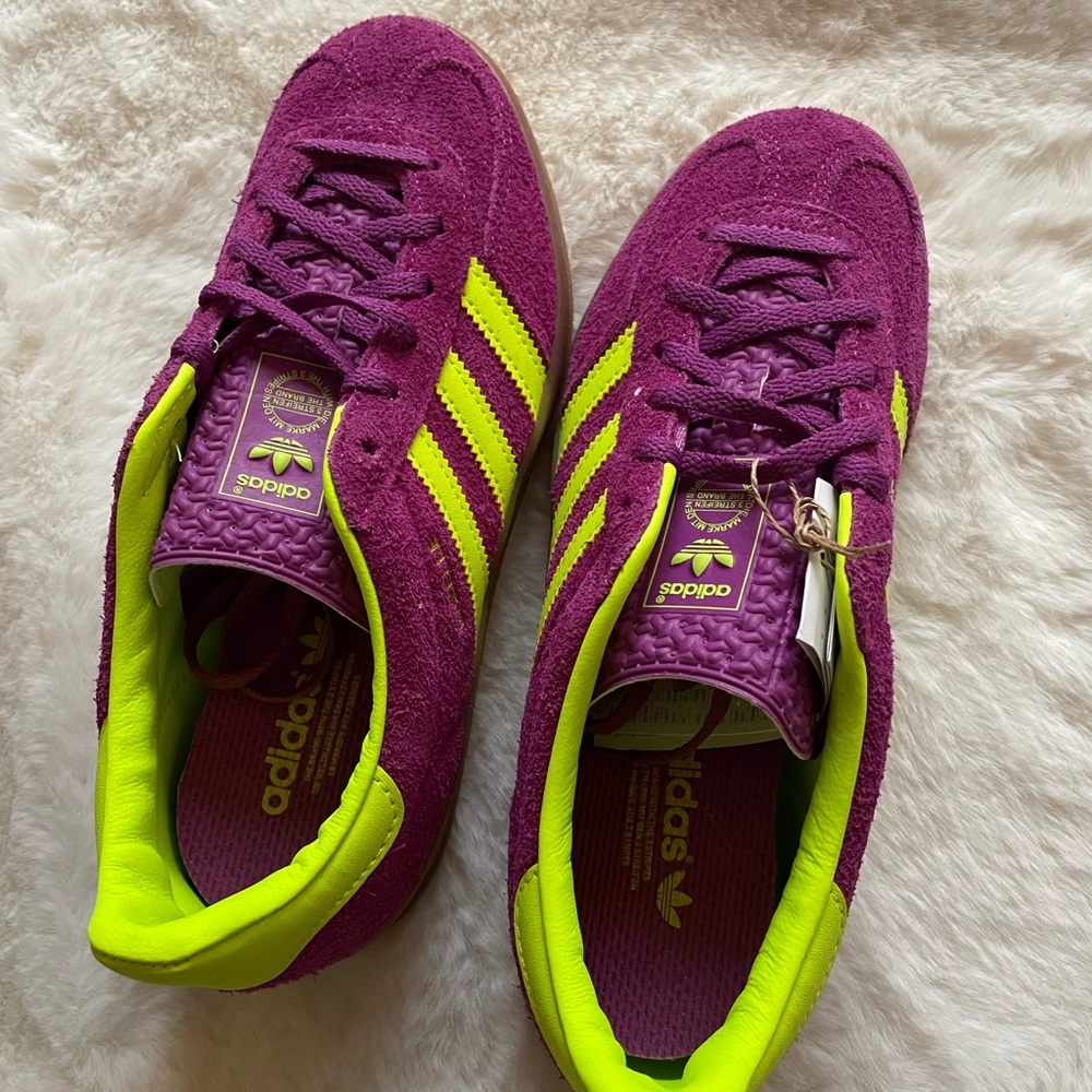 Adidas Gazelle brand new purple and neon green sneakers!